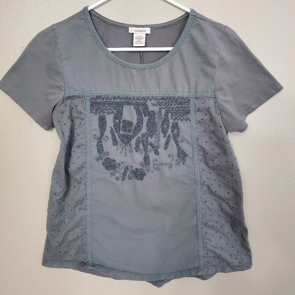 Sundance Embroidered‎ Eyelet Beads Size XS Sage Womens Shortsleeve
